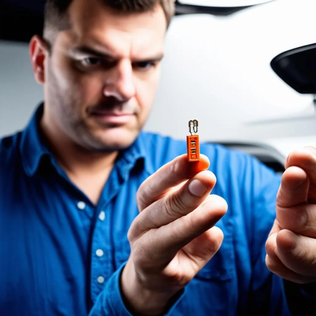 mechanic checking a fuse